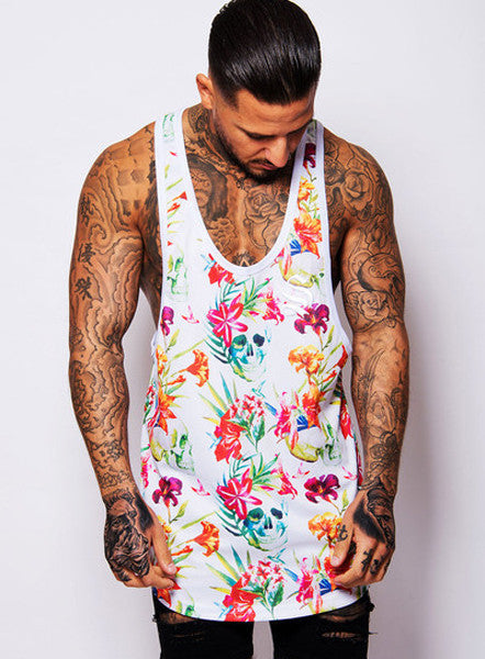 White Tropical Skull Racerback