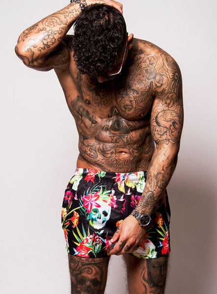 Black Tropical Skull Shorts